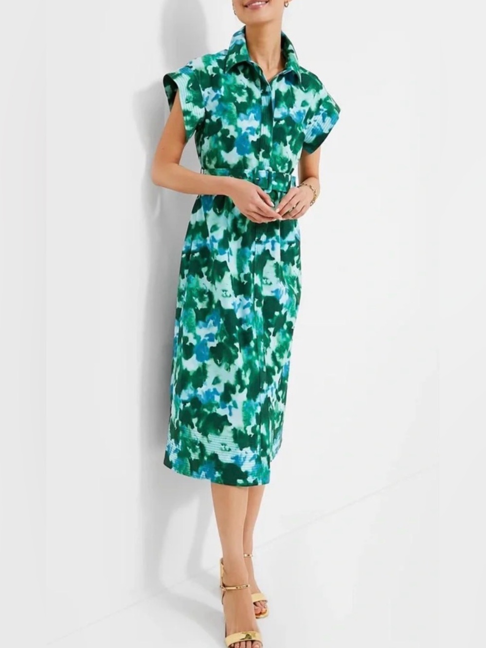 Tuckernuck Chloe Dress Deep Lagoon‎ Belted Midi Short Sleeve Blue Green Preppy L - Picture 2 of 13